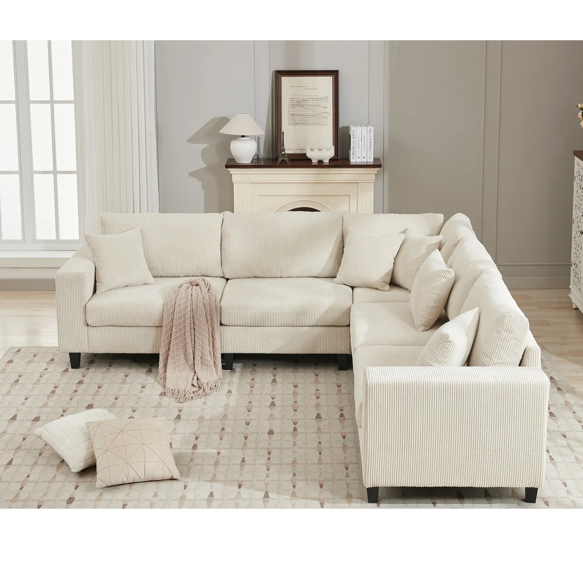 Modular Sectional Sofa, Deep Seat Corduroy Couch, Beige