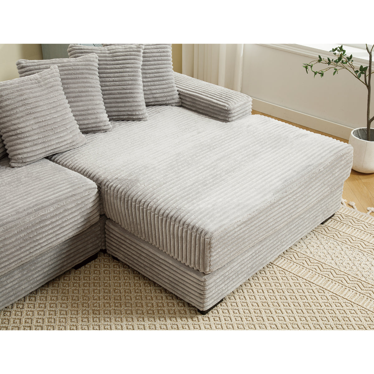 L Shaped Corduroy Couch, Plush Chaise Lounge Sofa, Gray
