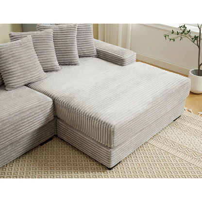 L Shaped Corduroy Couch, Plush Chaise Lounge Sofa, Gray