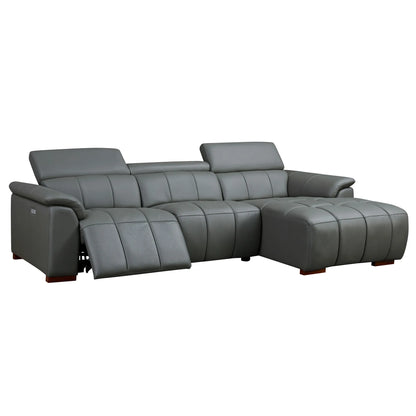 Genuine Leather Recliner Sofa, Modern Couch with Chaise, USB and Adjustable Headrest, Dark Grey