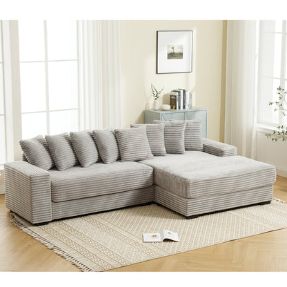 L Shaped Corduroy Couch, Plush Chaise Lounge Sofa, Gray