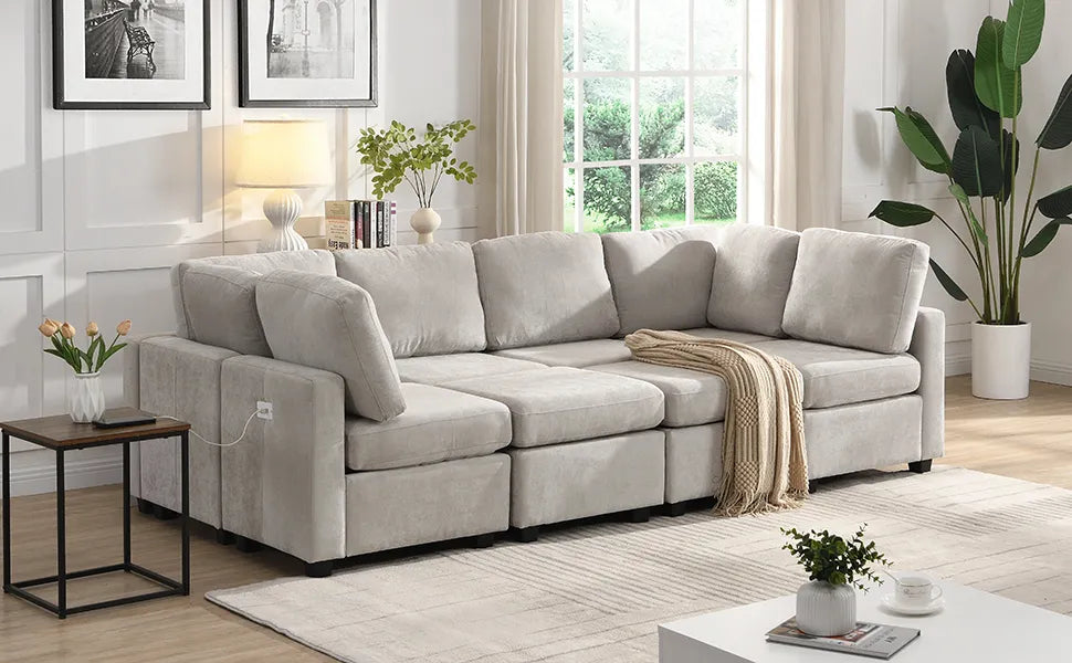 U Shaped Couch, Chenille Sectional Sofa with Ottoman, Grey