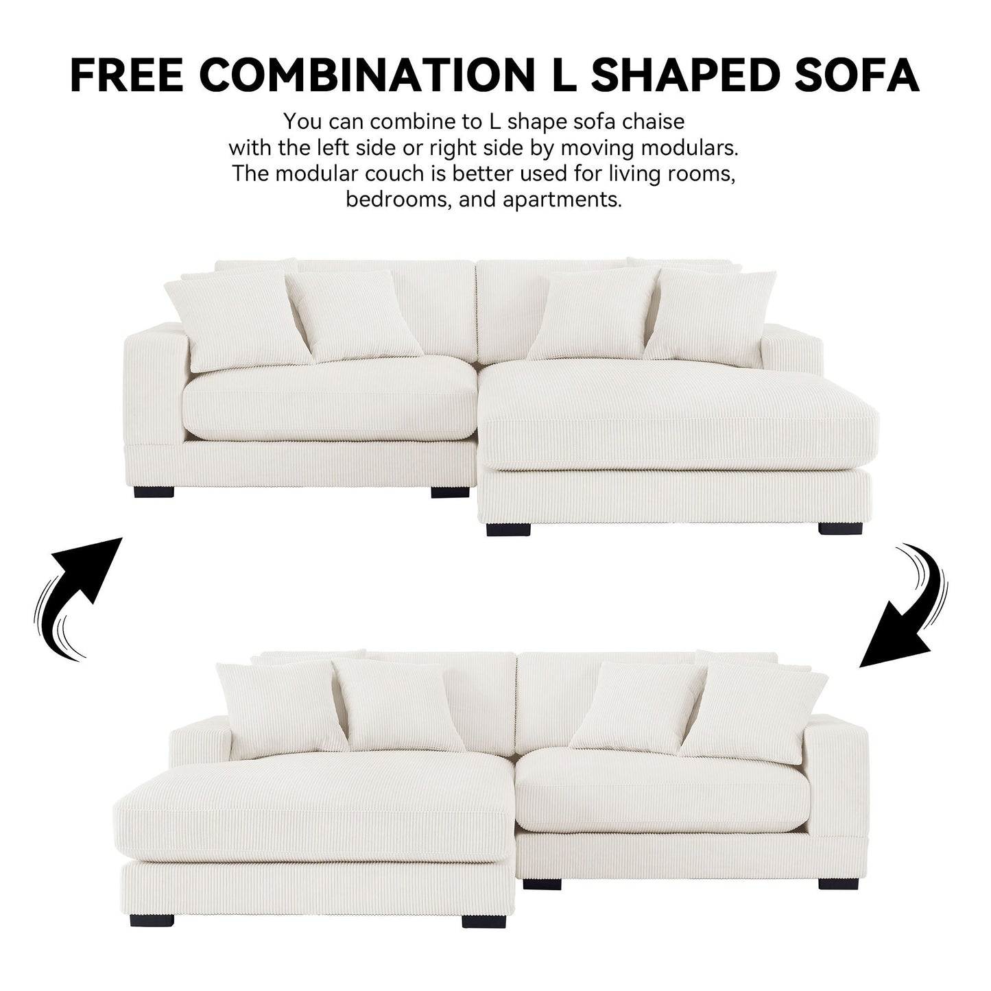 Corduroy Sofa, L-Shaped Couch with Chaise Lounge, Beige