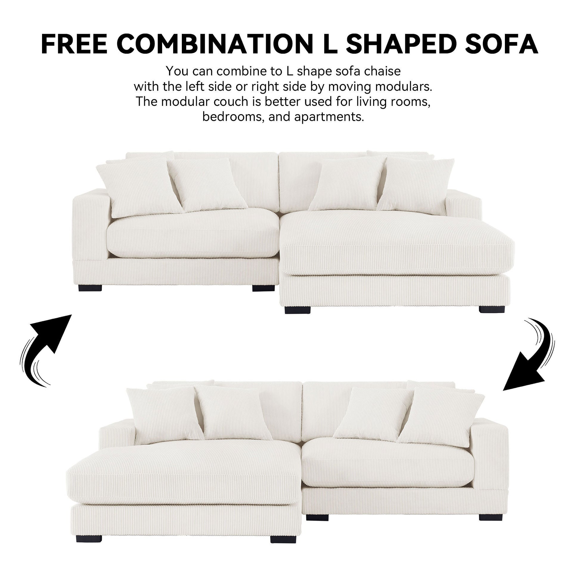 Corduroy Sofa, L-Shaped Couch with Chaise Lounge, Beige