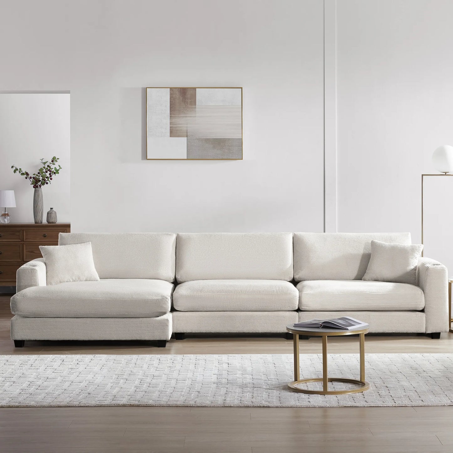 Deep Seat Corduroy Sofa, Large Sectional Couch with Chaise, Beige