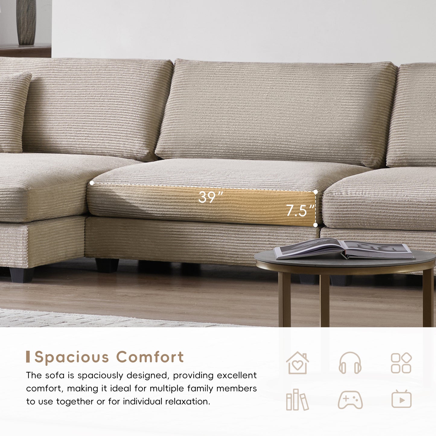 Deep Seat Corduroy Sofa, Large Sectional Couch with Chaise, Khaki