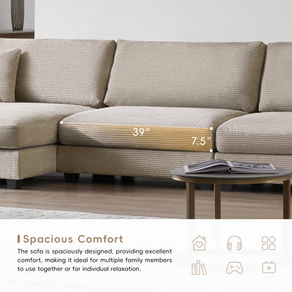 Deep Seat Corduroy Sofa, Large Sectional Couch with Chaise, Khaki