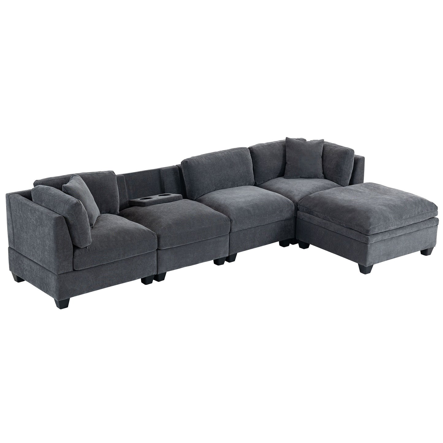 Modular Sofa with Removable Storage Ottoman, 5 Seat Sectional sofa with 2 Hidden Cup Holders