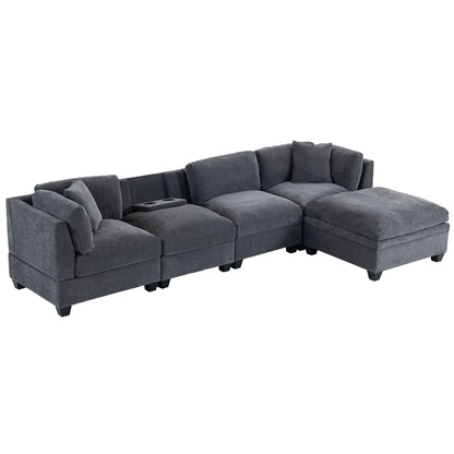 Modular Sofa with Removable Storage Ottoman, 5 Seat Sectional sofa with 2 Hidden Cup Holders