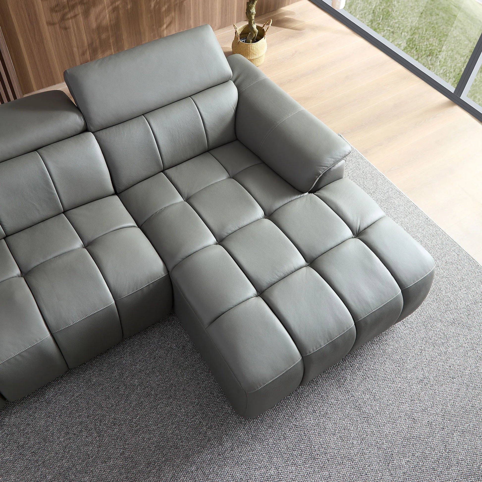 Genuine Leather Recliner Sofa, Modern Couch with Chaise, USB and Adjustable Headrest, Dark Grey