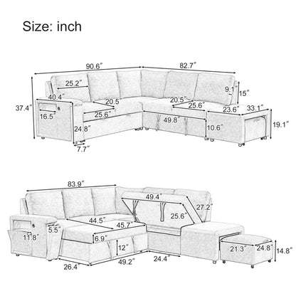 Sleeper Sectional, Sofa L Shape, Couch with Ottoman and Storage, Blue