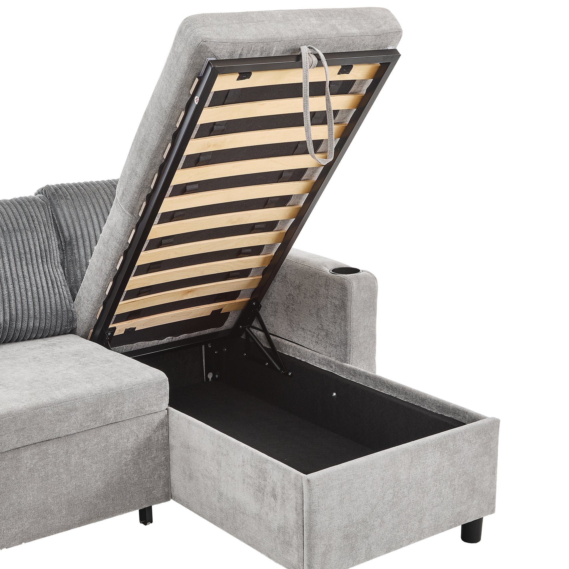 Corduroy Couch with Chaise Sleeper, Sectional Sofa Pull-Out, Grey
