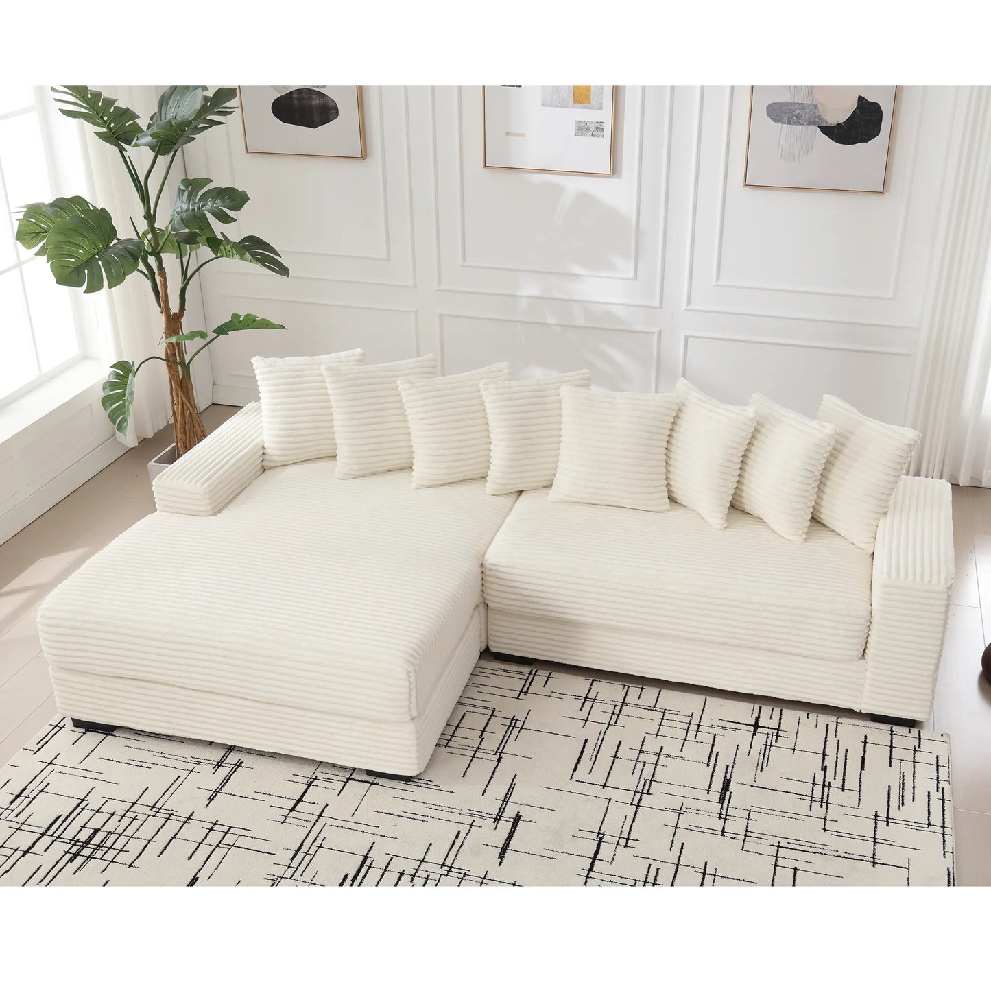 L Shaped Corduroy Couch, Plush Chaise Lounge Sofa, Beige