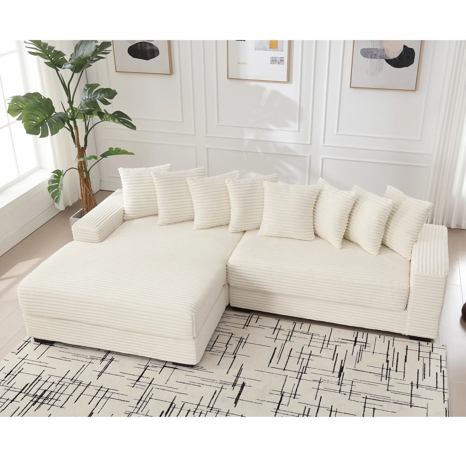 L Shaped Corduroy Couch, Plush Chaise Lounge Sofa, Beige