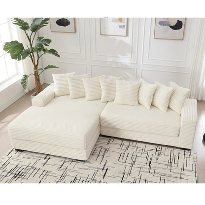 L Shaped Corduroy Couch, Plush Chaise Lounge Sofa, Beige