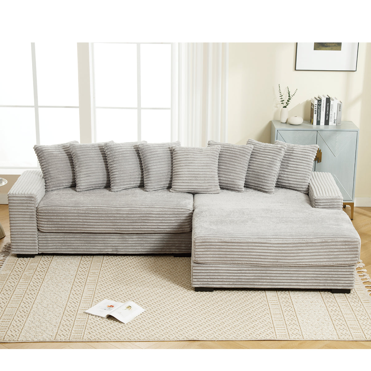 L Shaped Corduroy Couch, Plush Chaise Lounge Sofa, Gray