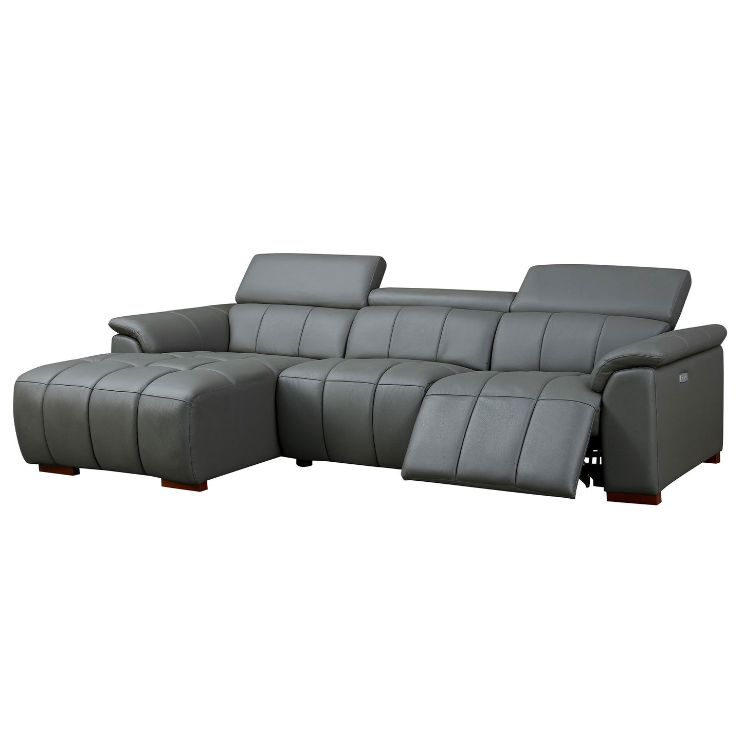 Genuine Leather Recliner Sofa, Modern Couch with Chaise, USB and Adjustable Headrest, Dark Grey