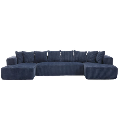 Modular U Shaped Sectional, Corduroy Couch with Double Chaise, Blue