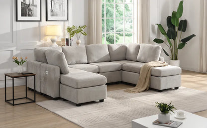 U Shaped Couch, Chenille Sectional Sofa with Ottoman, Grey