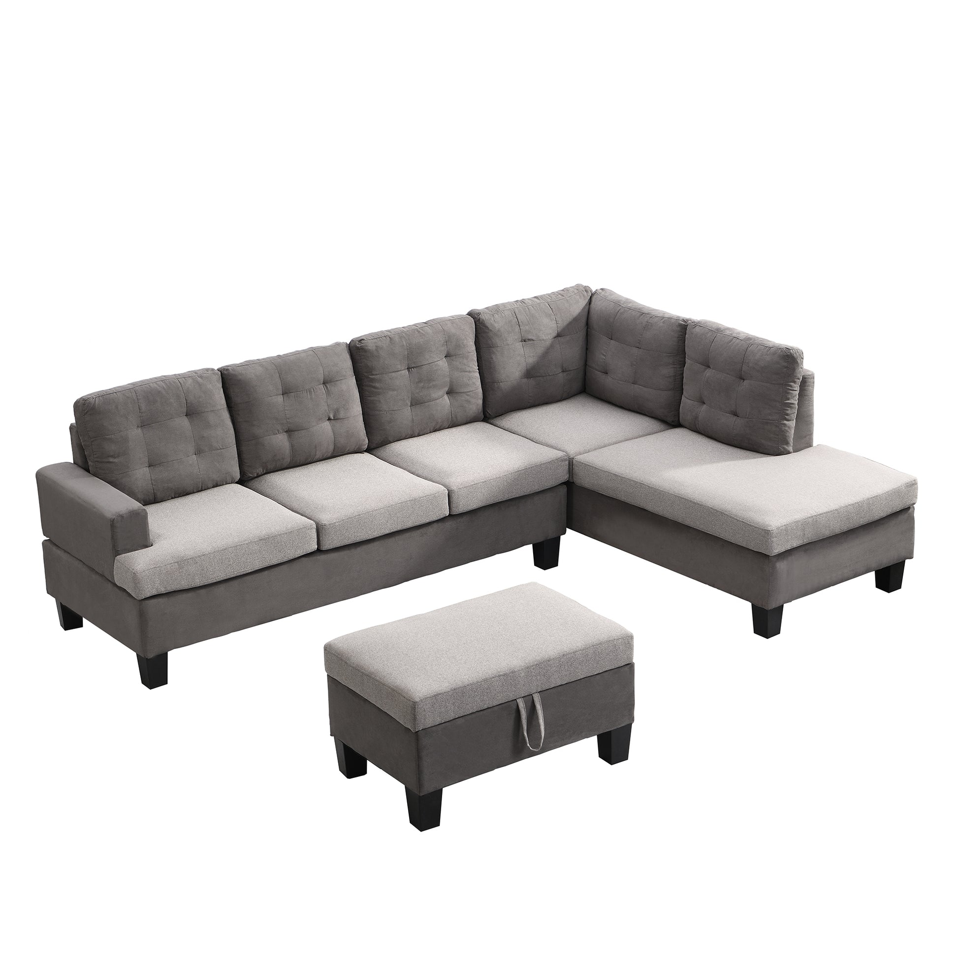 Gray Sectional Couch, Sofa with Chaise and Storage Ottoman