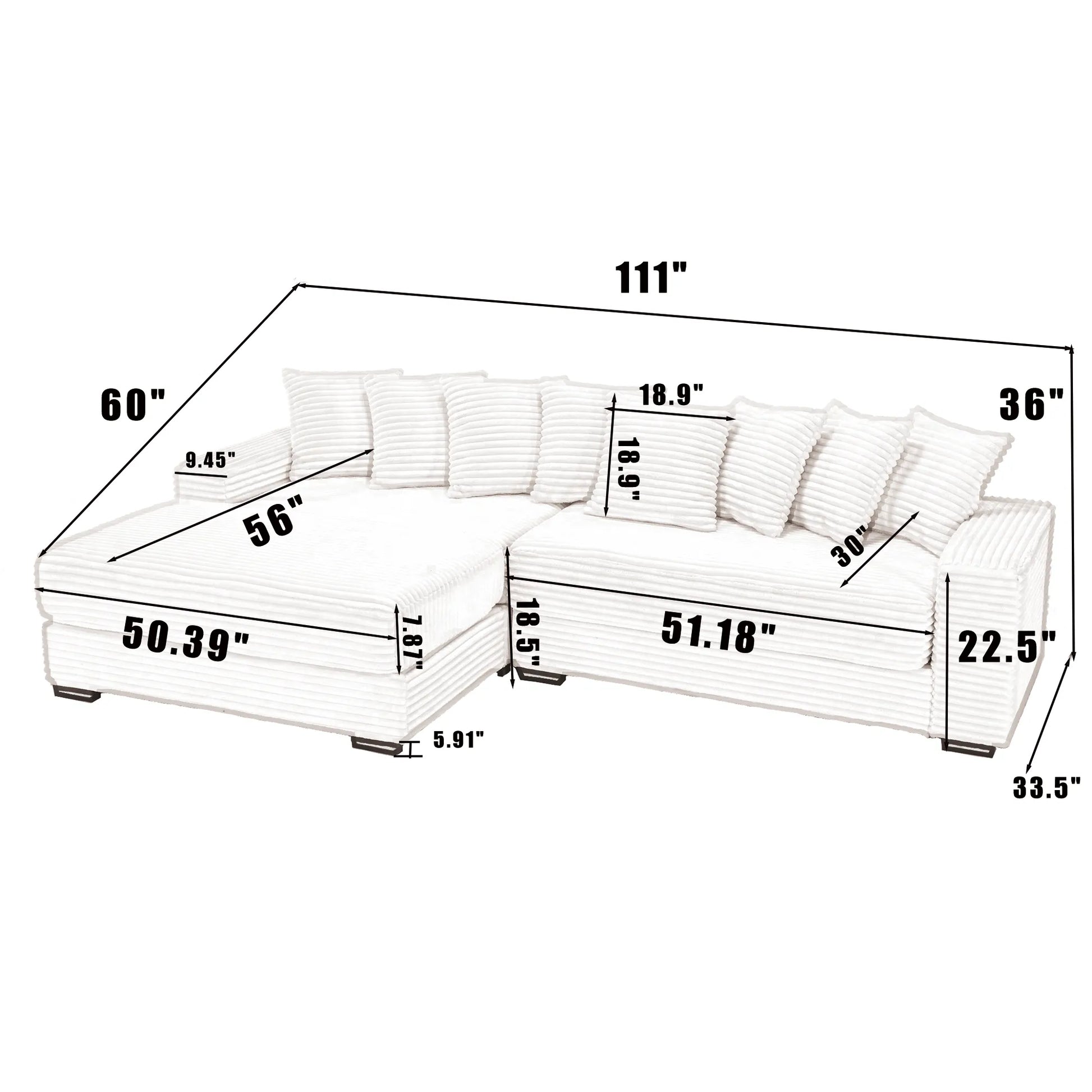 L Shaped Corduroy Couch, Plush Chaise Lounge Sofa, Beige