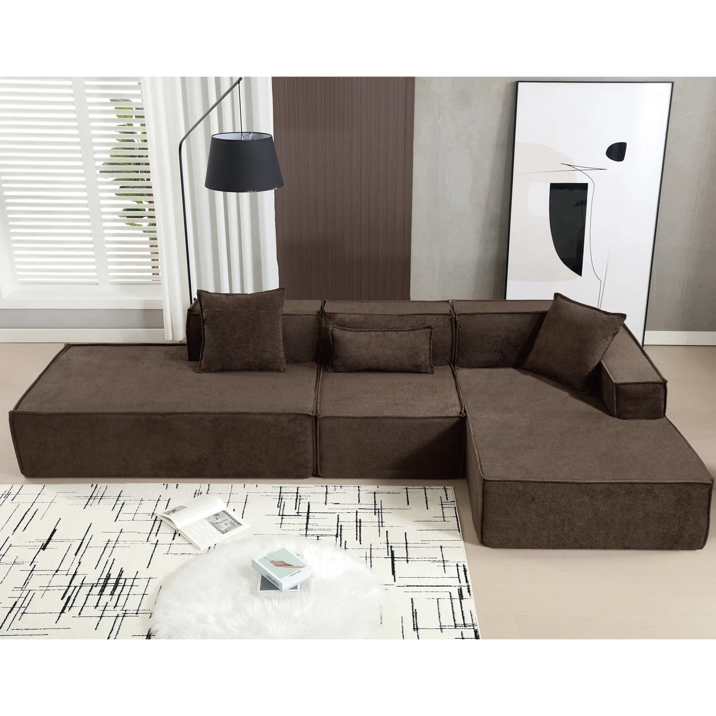 Modular Lounge Sofa, L Shaped Sectional with Chaise, Brown