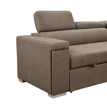 Louie L-Shaped Sofa Bed, Convertible Couch Pullout with Storage Chaise and Adjustable Headrest - Brown