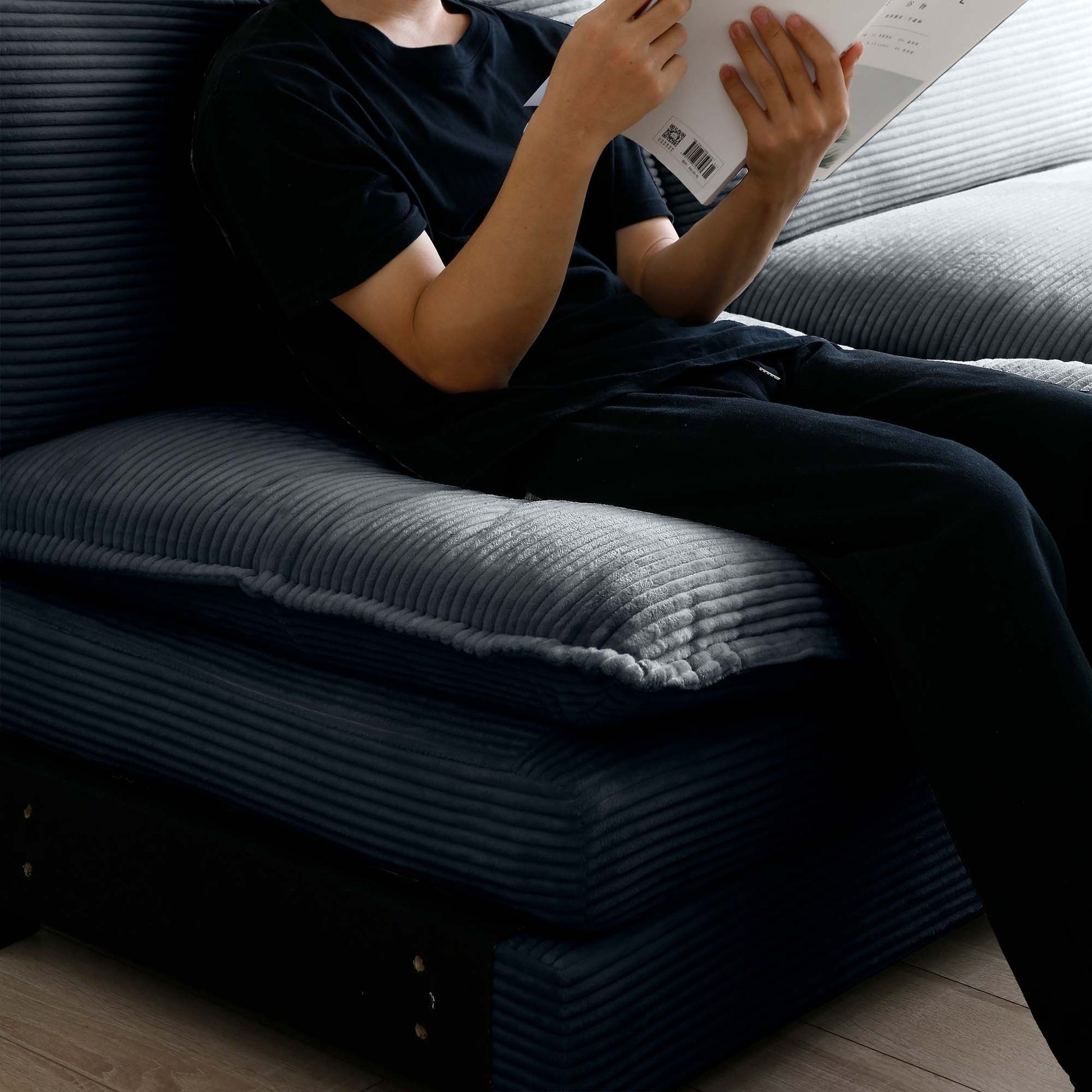 U Shape Sectional Cloud Sofa, Plush Corduroy Couch with Ottoman, Beige