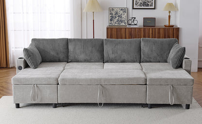 Corduroy Couch with Chaise Sleeper, Sectional Sofa Pull-Out, Grey