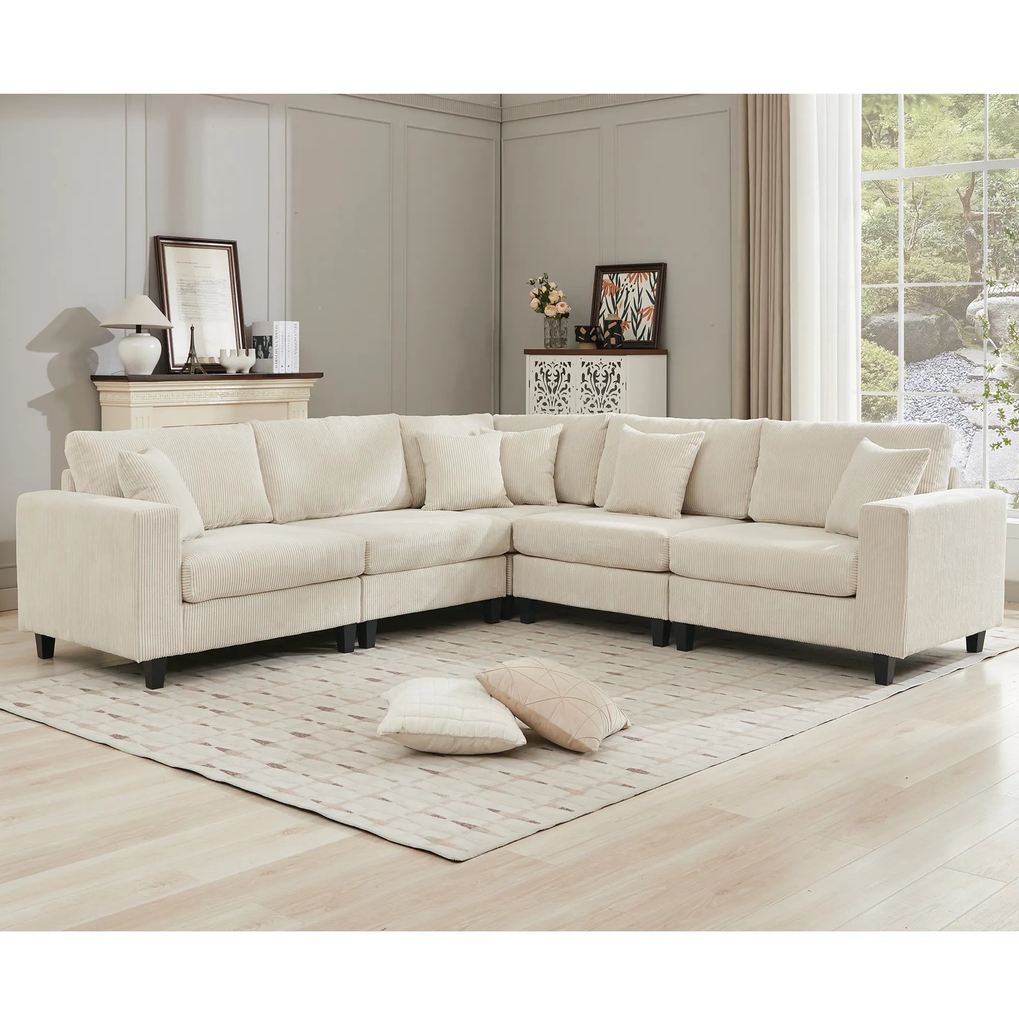 Modular Sectional Sofa, Deep Seat Corduroy Couch, Beige