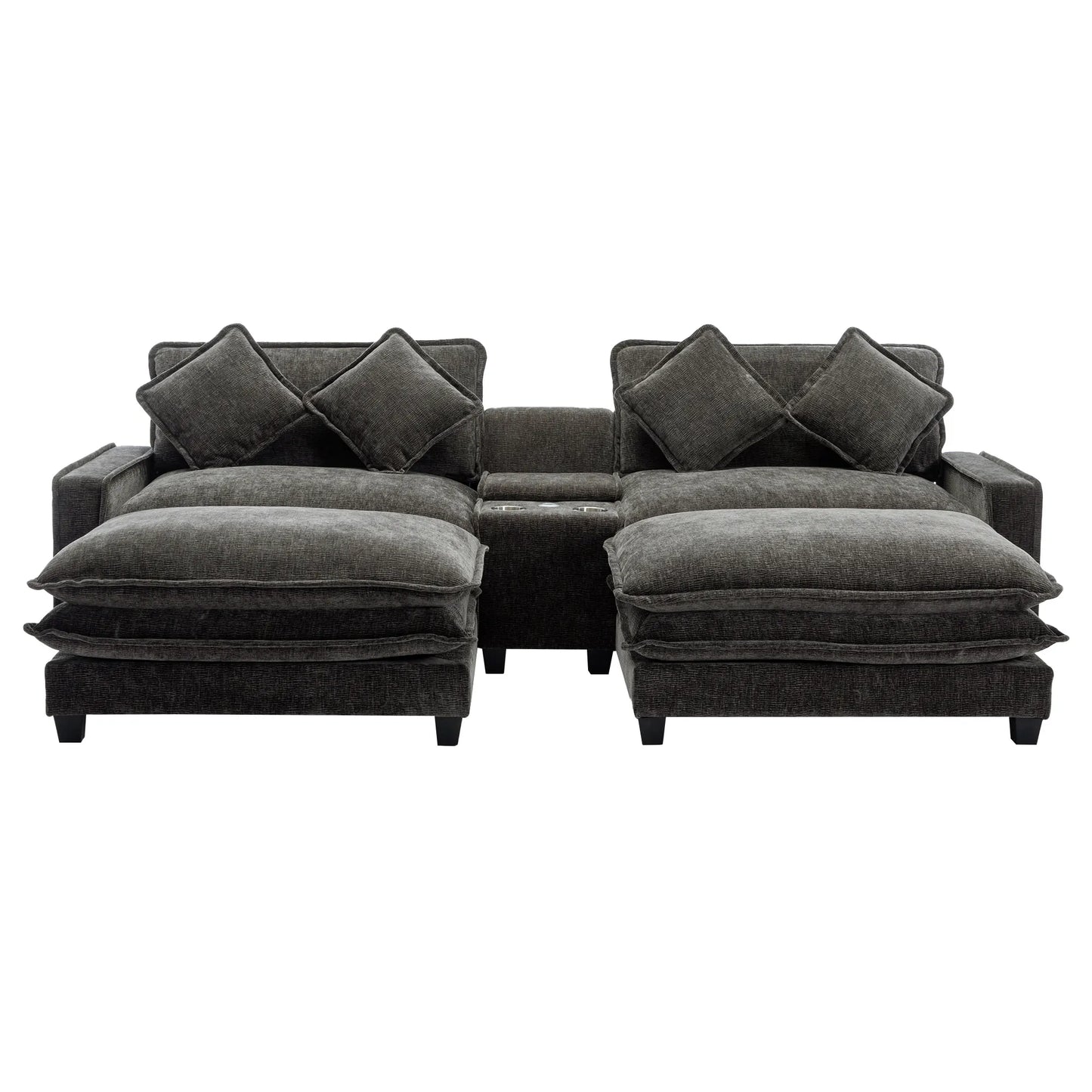 Plush Couch, Deep Seat Couch with Ottomans, Black