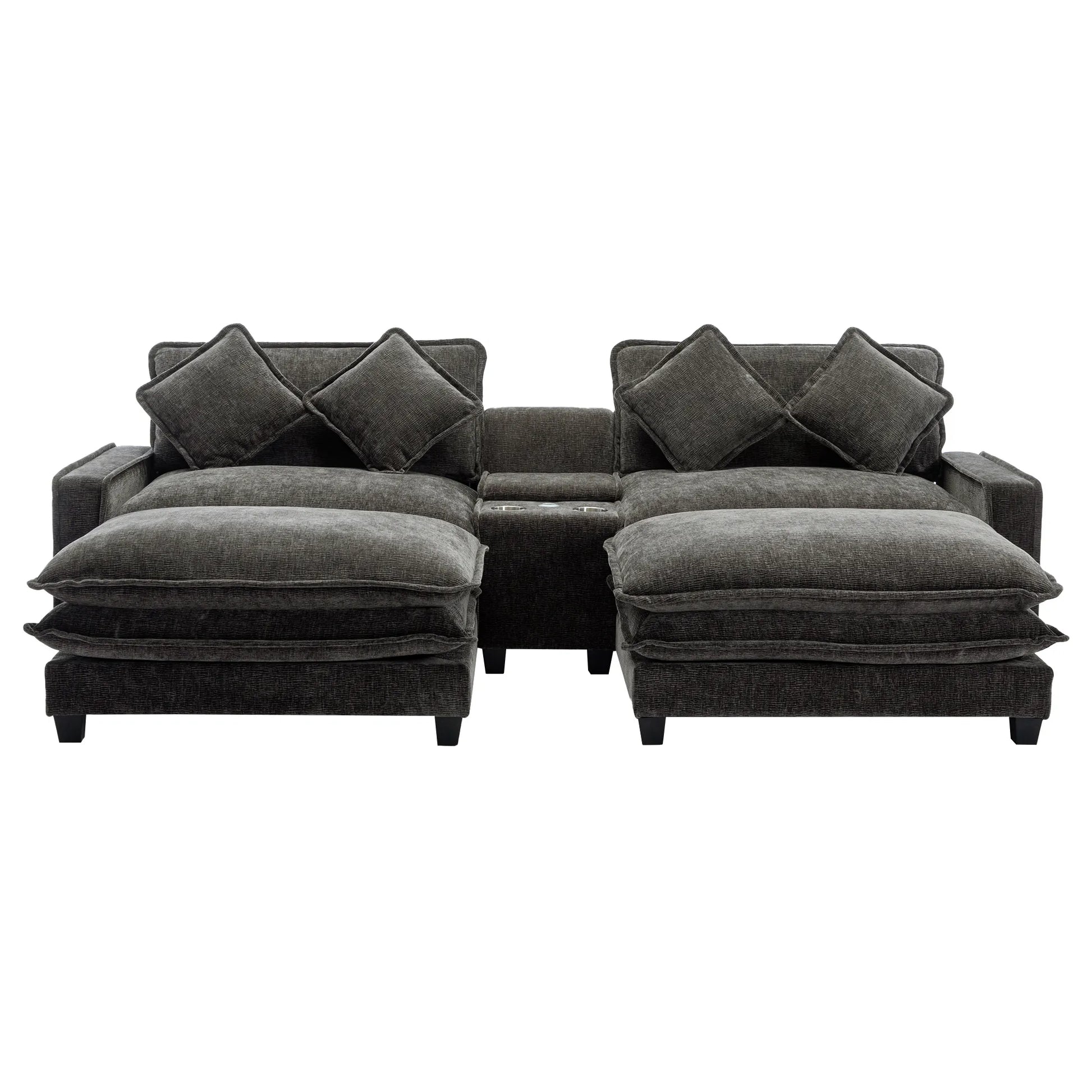 Plush Couch, Deep Seat Couch with Ottomans, Black