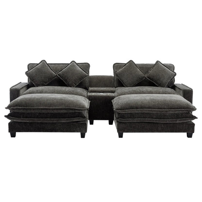 Plush Couch, Deep Seat Couch with Ottomans, Black