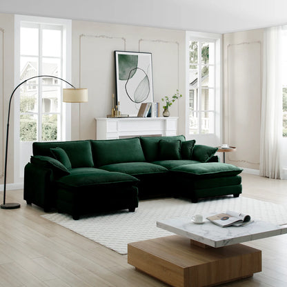 U Shape Sectional Cloud Sofa, Plush Corduroy Couch with Ottoman, Green
