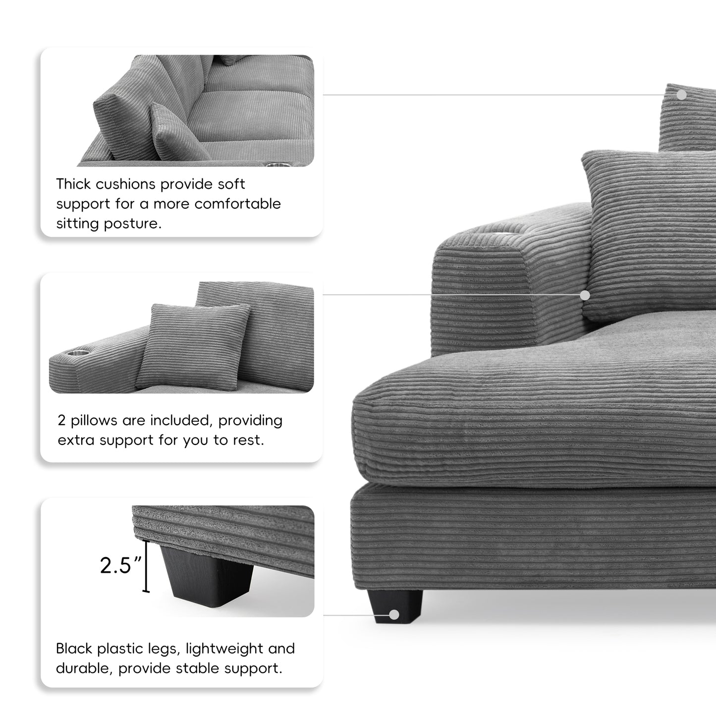 Deep Seat Corduroy Sofa, Large Sectional Couch with Chaise, Gray