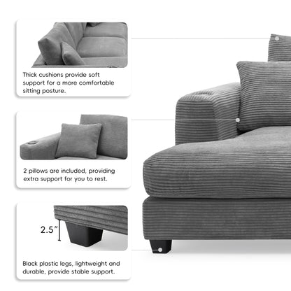 Deep Seat Corduroy Sofa, Large Sectional Couch with Chaise, Gray