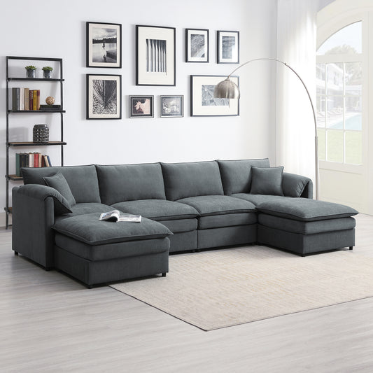 Large U Shaped Sectional, Modular Cloud Couch with Ottomans, Gray