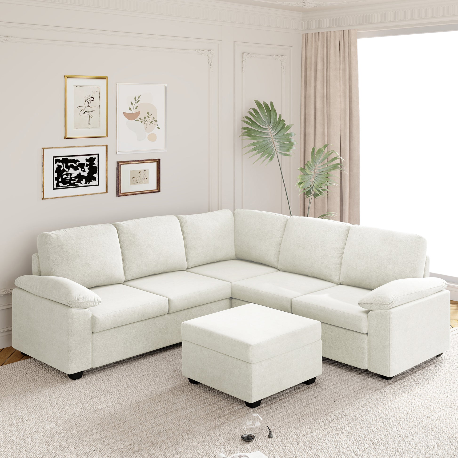 Modern L-Shape Velvet Sectional Sofa, Corner Couch with Ottoman, Beige