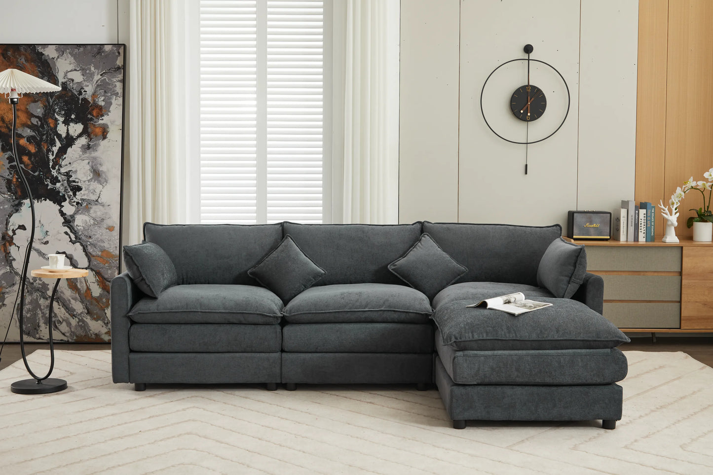 3 Seater Sofa, L Shaped Couch with Ottoman, Beige/Gray/Green
