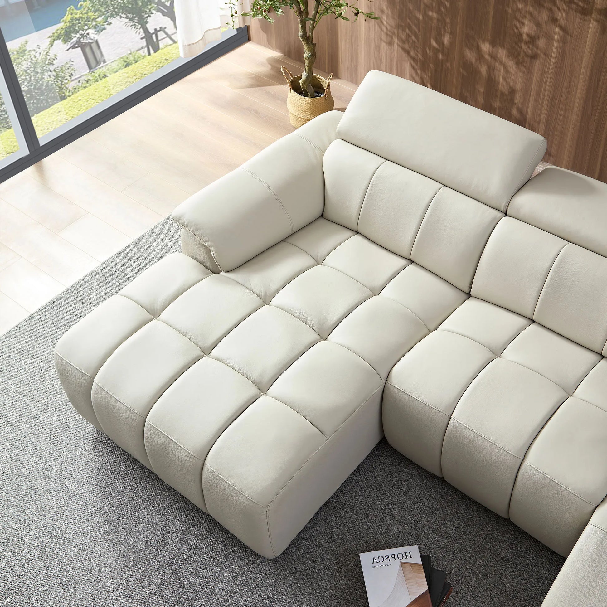 Genuine Leather Recliner Sofa, Modern Couch with Chaise, USB and Adjustable Headrest, Light Grey