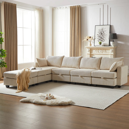 Modular Corduroy Couch, U Shaped Sectional 6 Seat Sofa with Ottoman, Gray