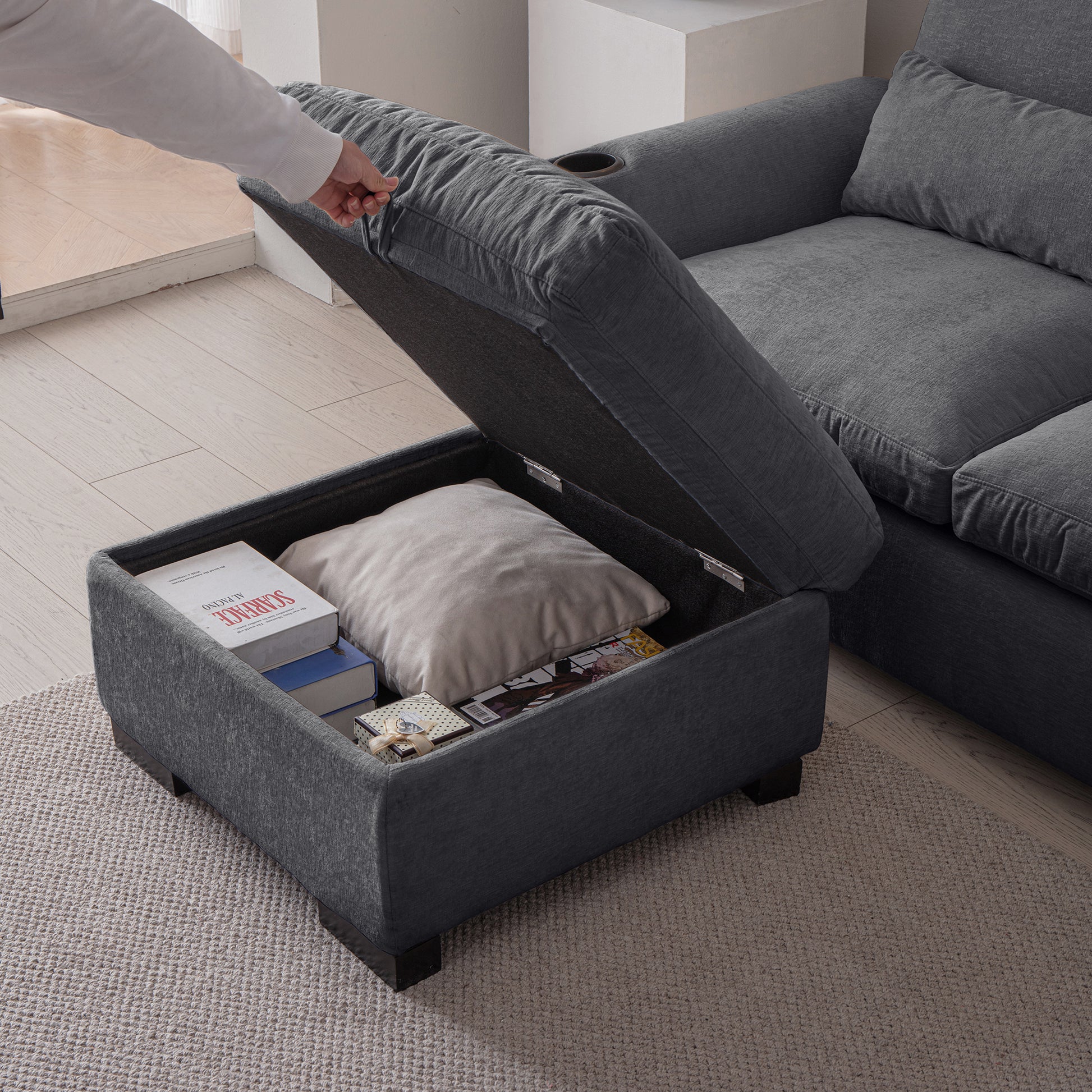 Louie Sectional Couch with Chaise, Sofa L-Shape with Ottoman Storage - Gray