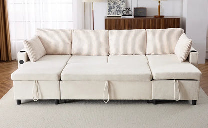 Corduroy Couch with Chaise Sleeper, Sectional Sofa Pull-Out, Beige