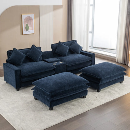 Plush Couch, Deep Seat Couch with Ottomans, Blue