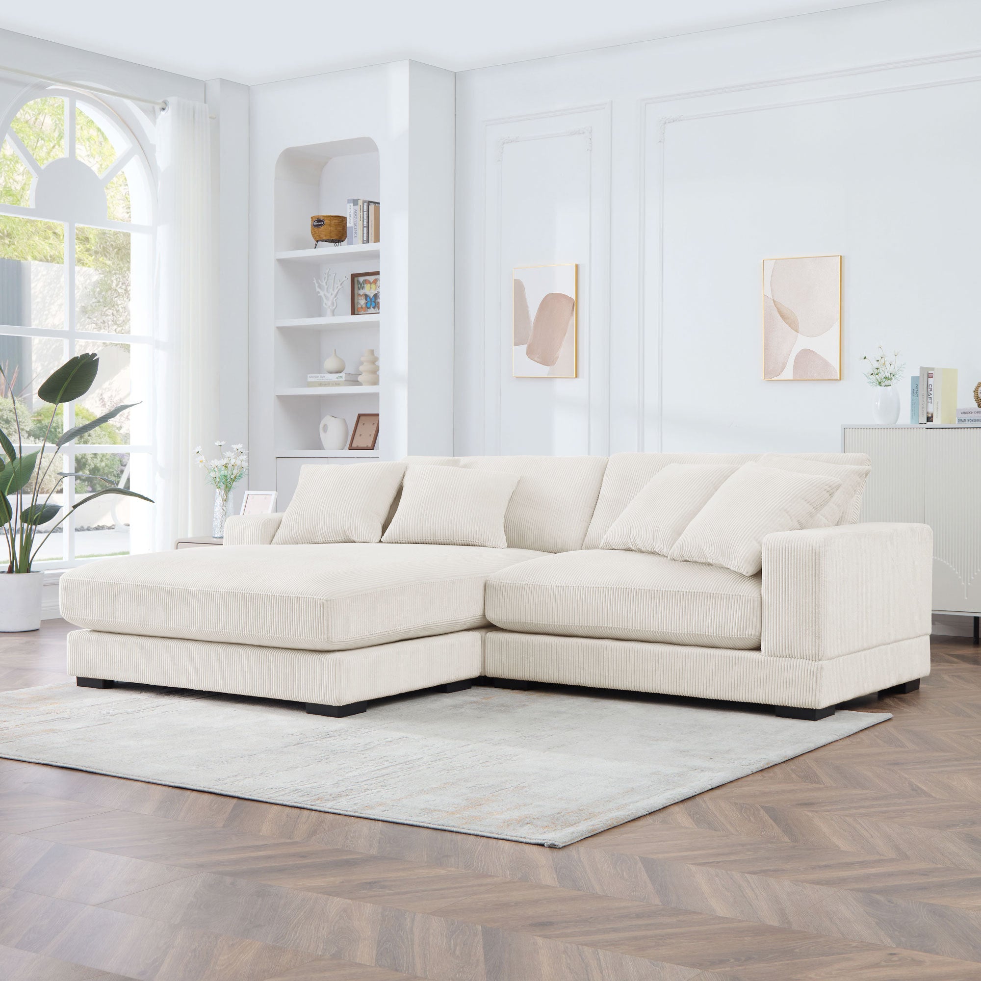 Corduroy Sofa, L-Shaped Couch with Chaise Lounge, Beige