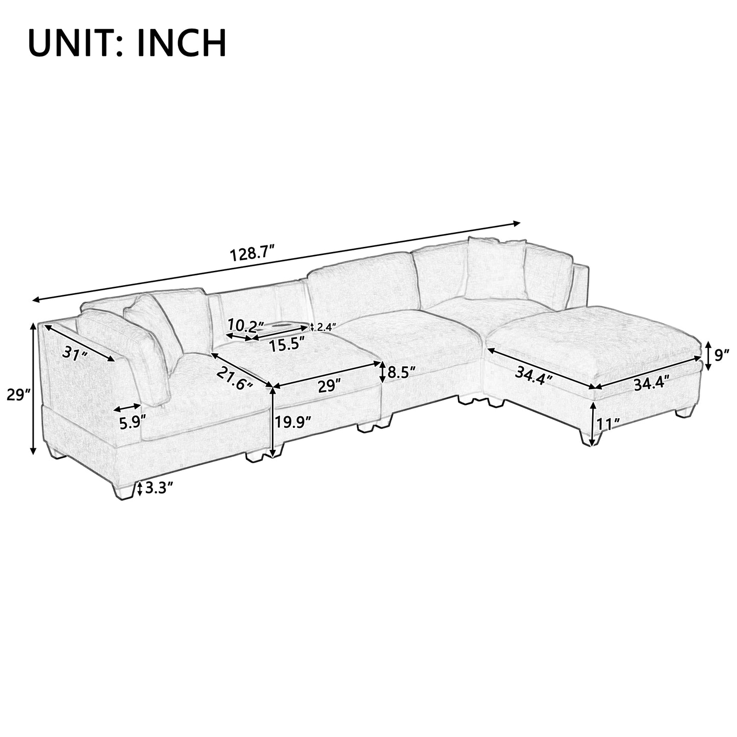 Modular Sofa with Removable Storage Ottoman, 5 Seat Sectional sofa with 2 Hidden Cup Holders