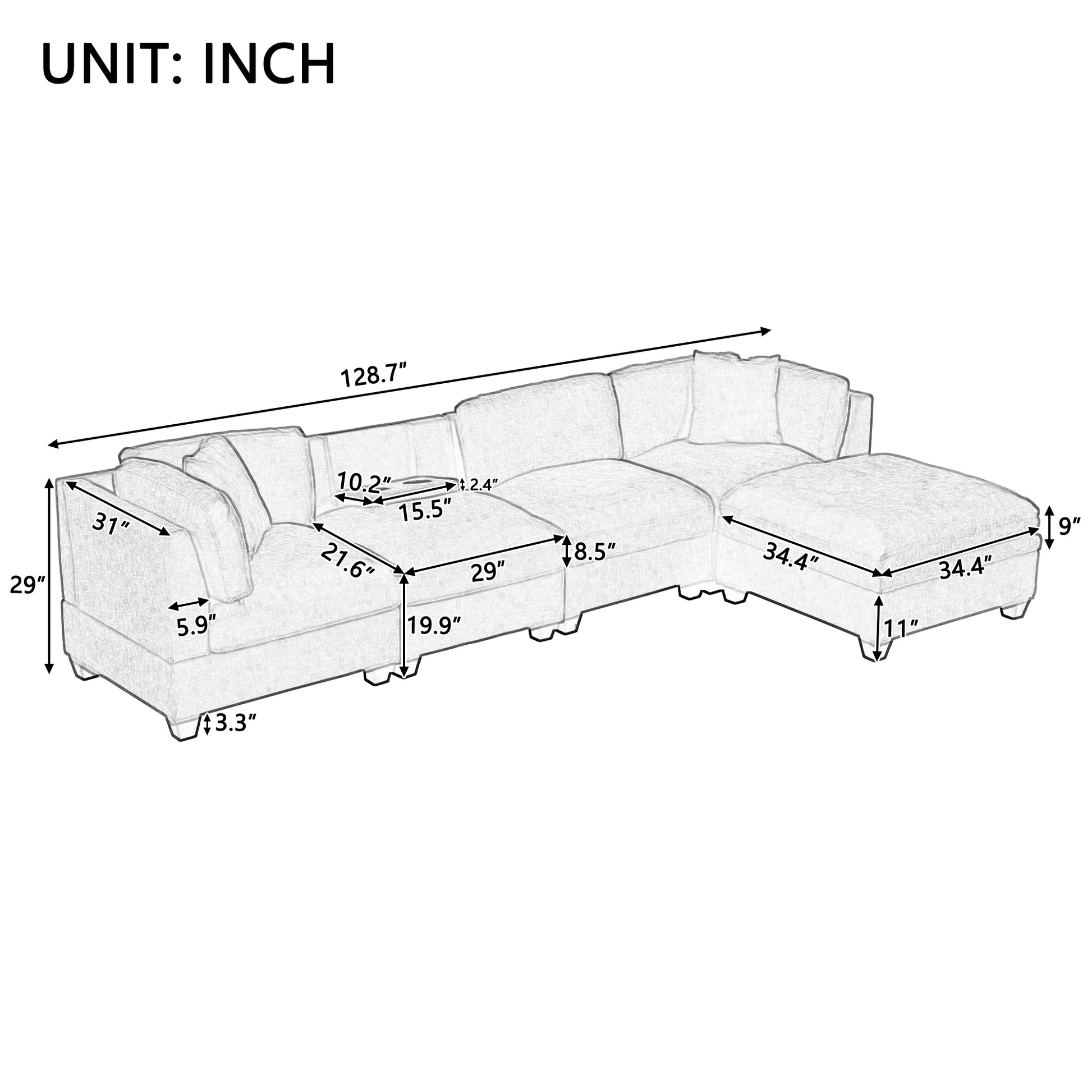 Modular Sofa with Removable Storage Ottoman, 5 Seat Sectional sofa with 2 Hidden Cup Holders
