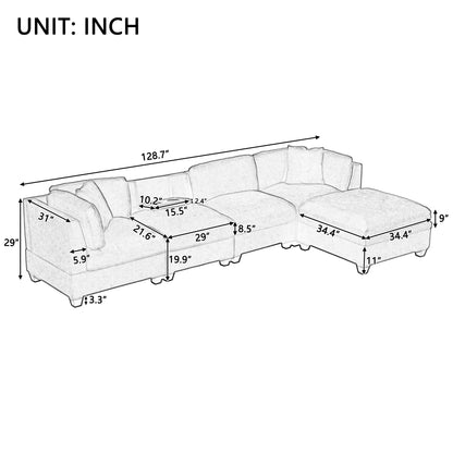 Modular Sofa with Removable Storage Ottoman, 5 Seat Sectional sofa with 2 Hidden Cup Holders
