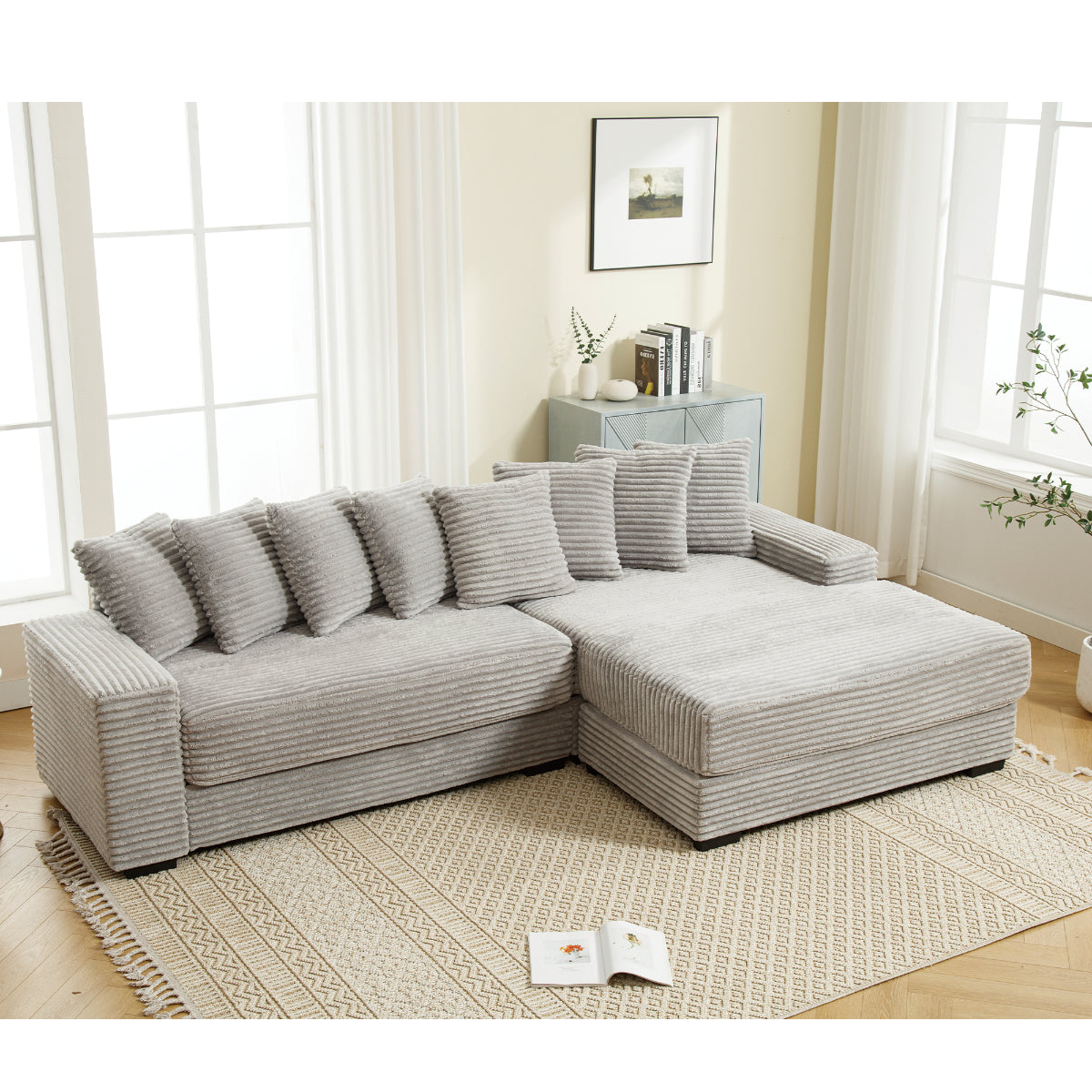 L Shaped Corduroy Couch, Plush Chaise Lounge Sofa, Gray