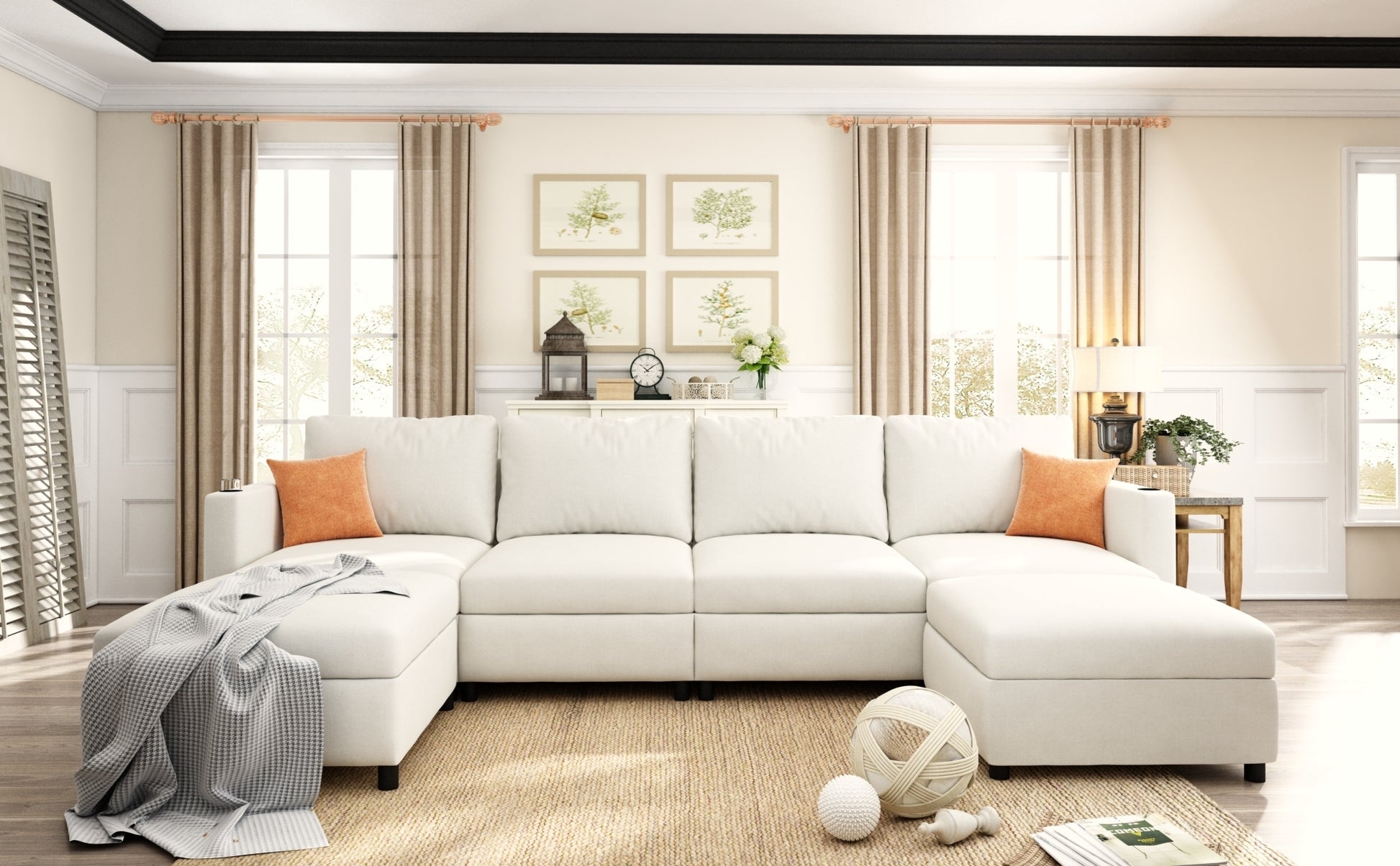 Large Sectional Couch with Storage, Sofa with Chaise- Beige
